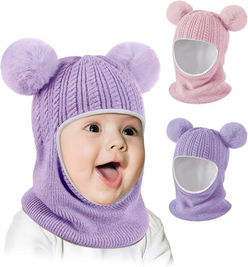 Winter Hat Scarf Set 2 Pack, Toddler Beanie Hats Girl Boy with Neck Warmer, Beanie for Kids Knit Warm for Cold Weather