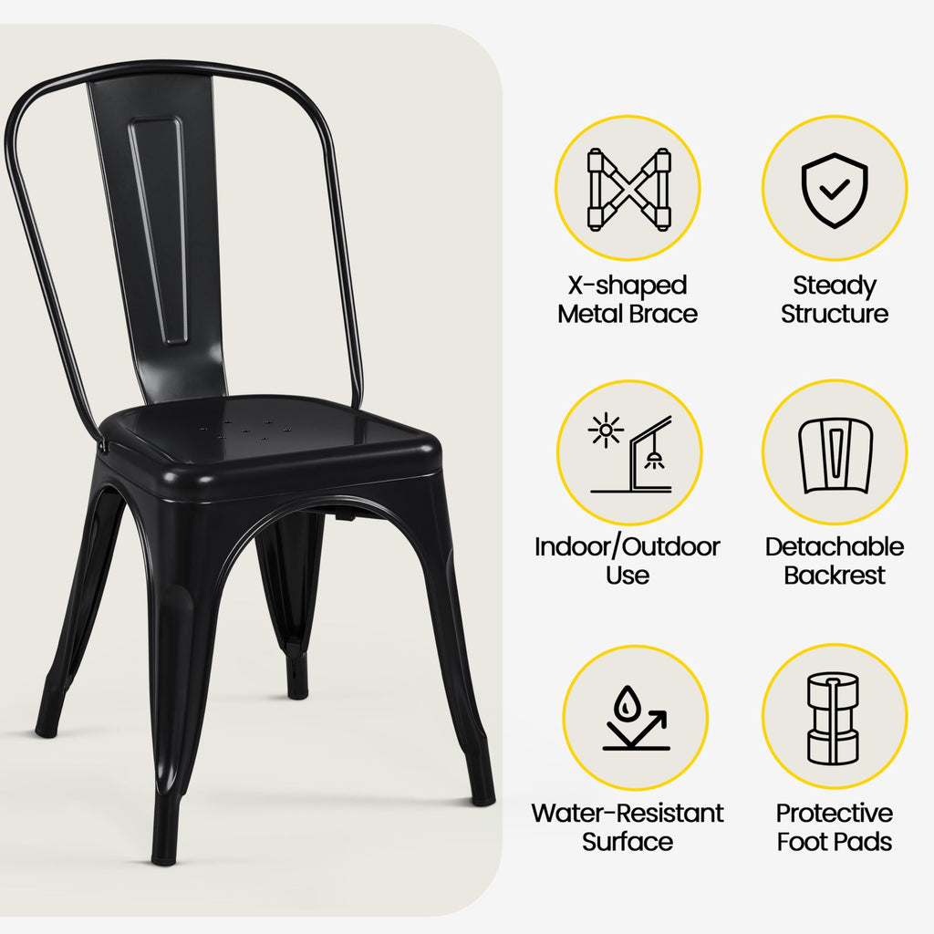 Metal Chairs Set of 4, Stackable Dining Chairs with Back, Black