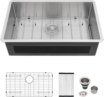32 Inch Undermount Kitchen Sink | Stainless Steel 16 Gauge Single Bowl Under Counter Handmade Brushed Basin, 32x18x9