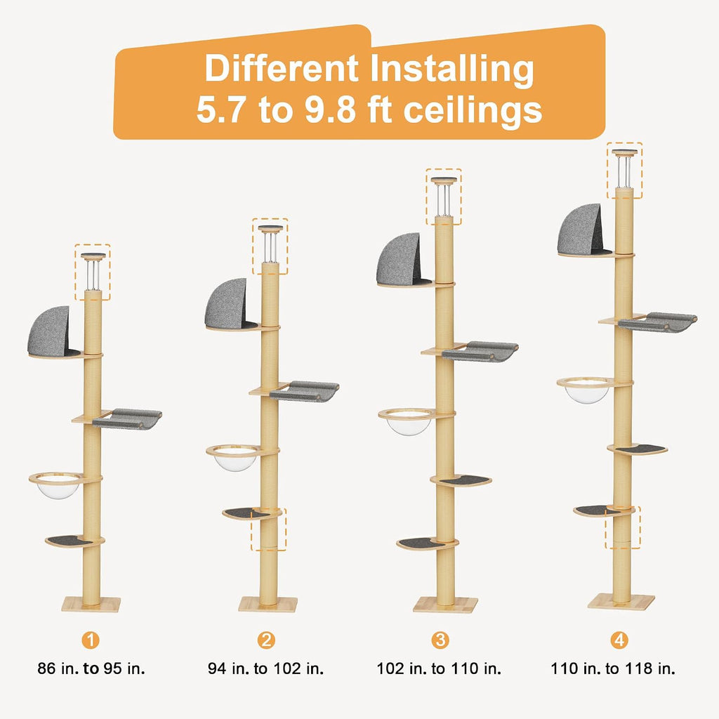 Floor to Ceiling Cat Tree, 6-10 ft, 6 Level, Grey