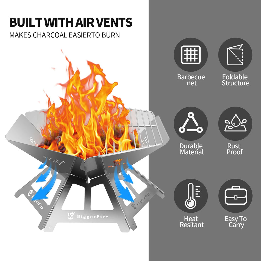 Foldable Portable Fire Pit, Stainless Steel Fire Pits with Charcoal Grill Net and Storage Bag, Camping Fire Pit Grill