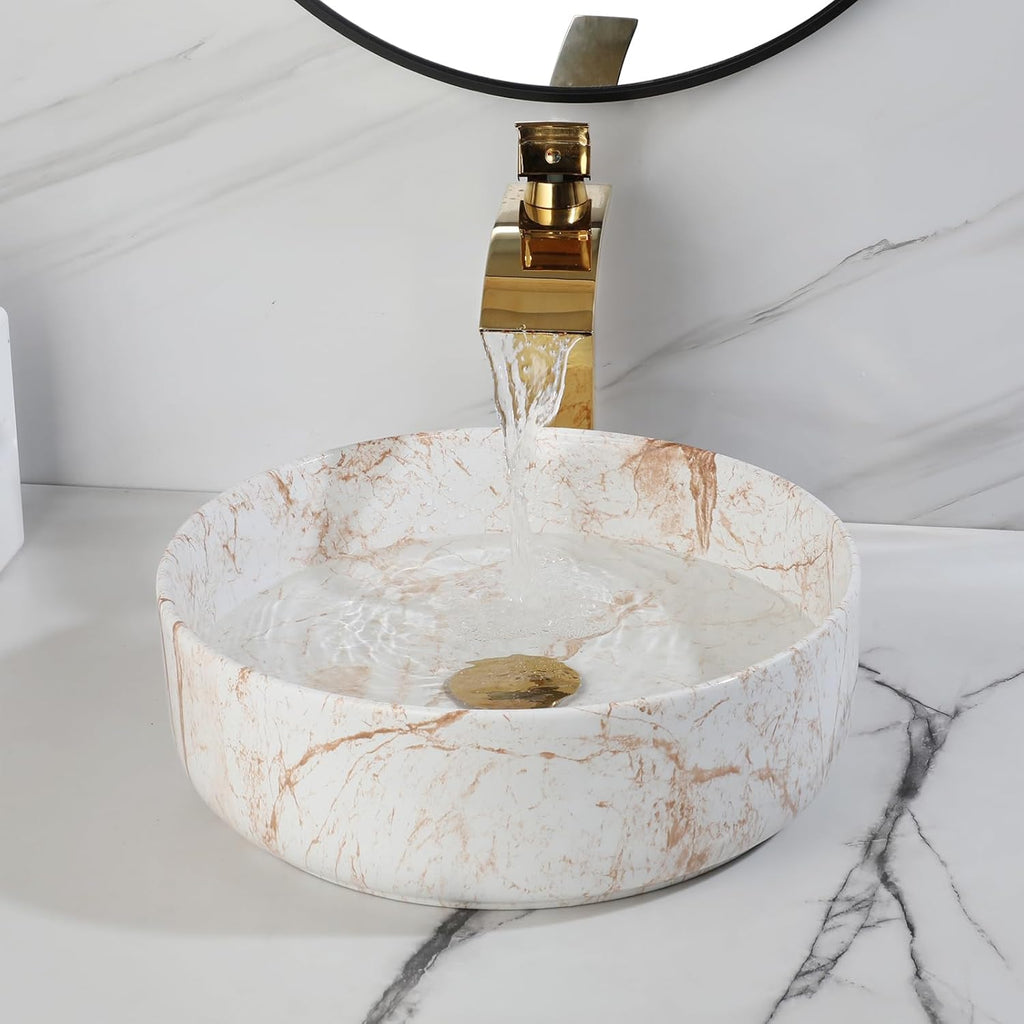 White Marbling Bathroom Vessel Sink with Waterfall Faucet and Pop-Up Drain Combo,14 Inch Ceramic Vessel Sink Above
