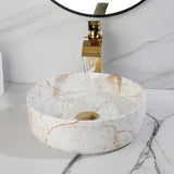 White Marbling Bathroom Vessel Sink with Waterfall Faucet and Pop-Up Drain Combo,14 Inch Ceramic Vessel Sink Above