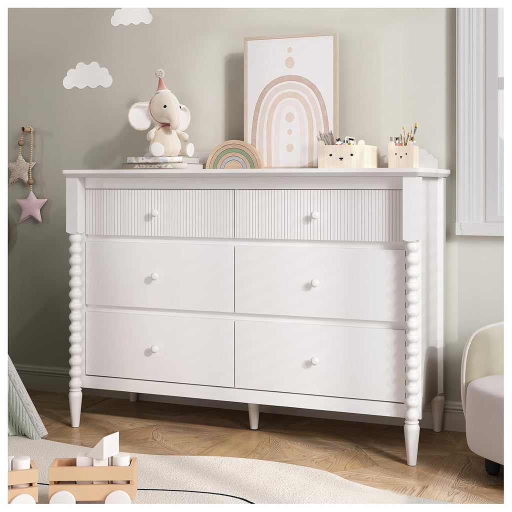 White Nursery Dresser for Kids Bedroom, 6 Drawers for Storage | Jenny Lind Spindle Legs Dresser, Baby Clothes