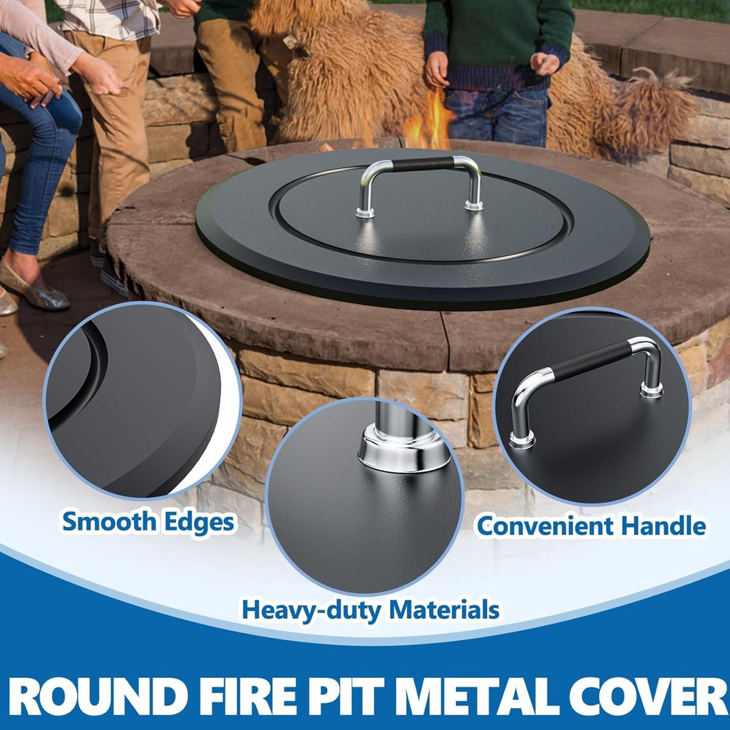 Fire Pit Lid 25.6"-Heavy-Duty Metal Cover with Handle, All-Season Protection