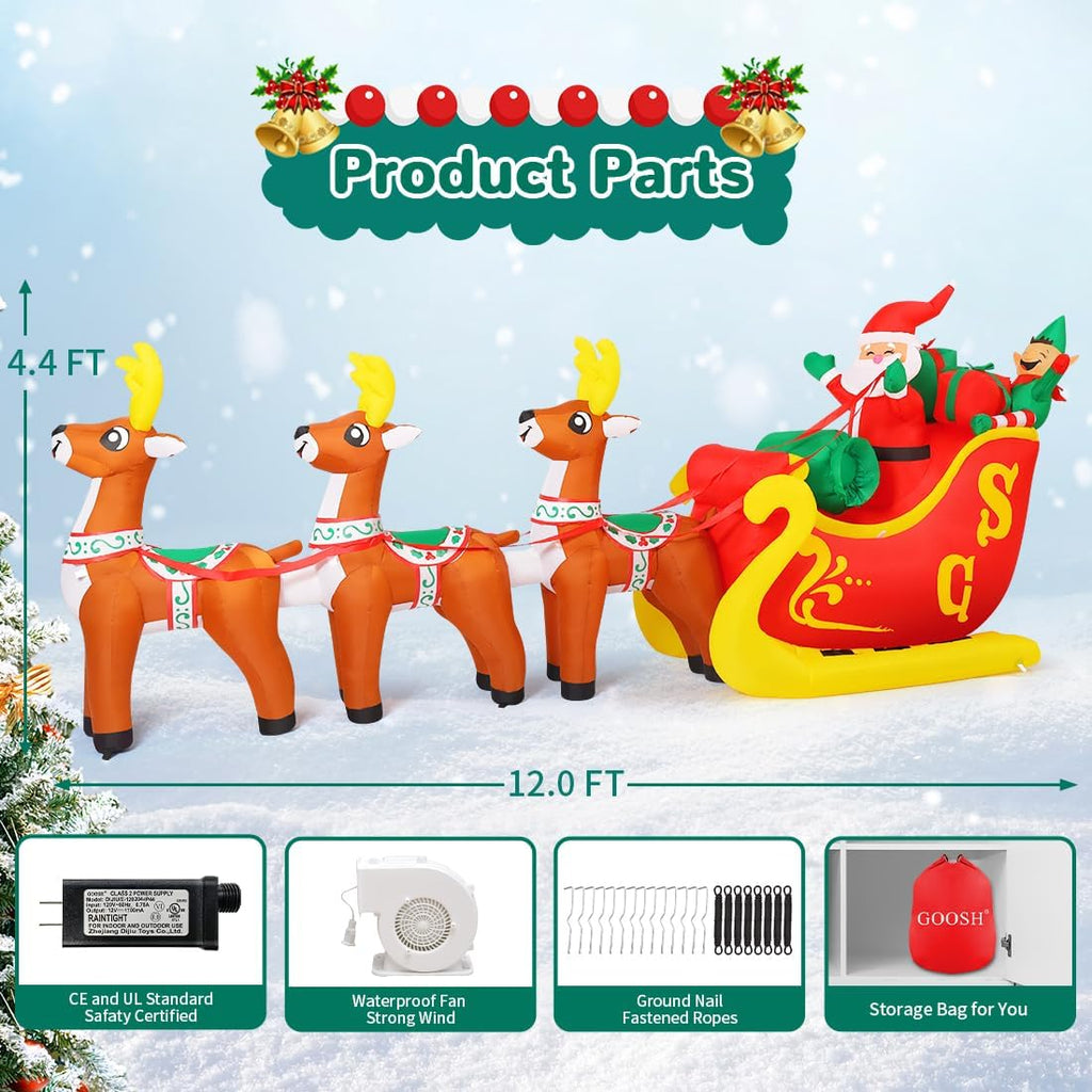 12 Ft Christmas Inflatable Reindeer cart Outdoor Decorations Blow Up Yard Three Deer Pulling a Sleigh and Santa Claus