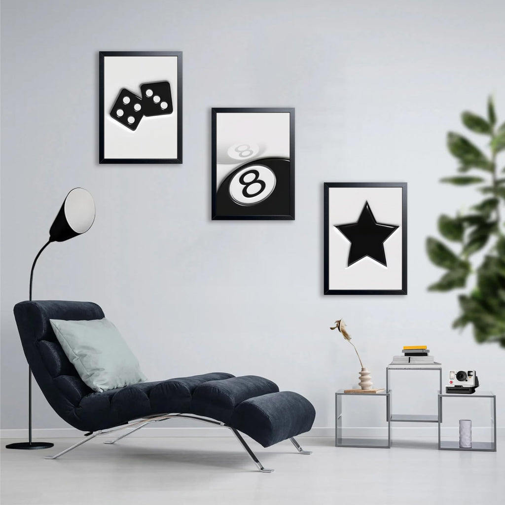Black And White Wall Art Set of 3, Vintage Y2k Dice 8 Ball Canvas Prints Painting, Funky Lucky Preppy Posters