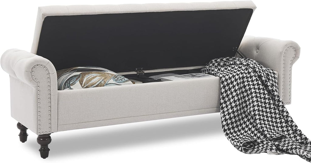 67" Storage Bench , Linen Upholstered, Beige | King Size End of Bedroom Bed Bench Ottoman with Tufted Cushioned