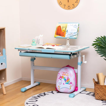 Kids Desk, Height Adjustable Children Study Table with Tiltable Desktop, Storage Drawer, Scale Ruler, Student
