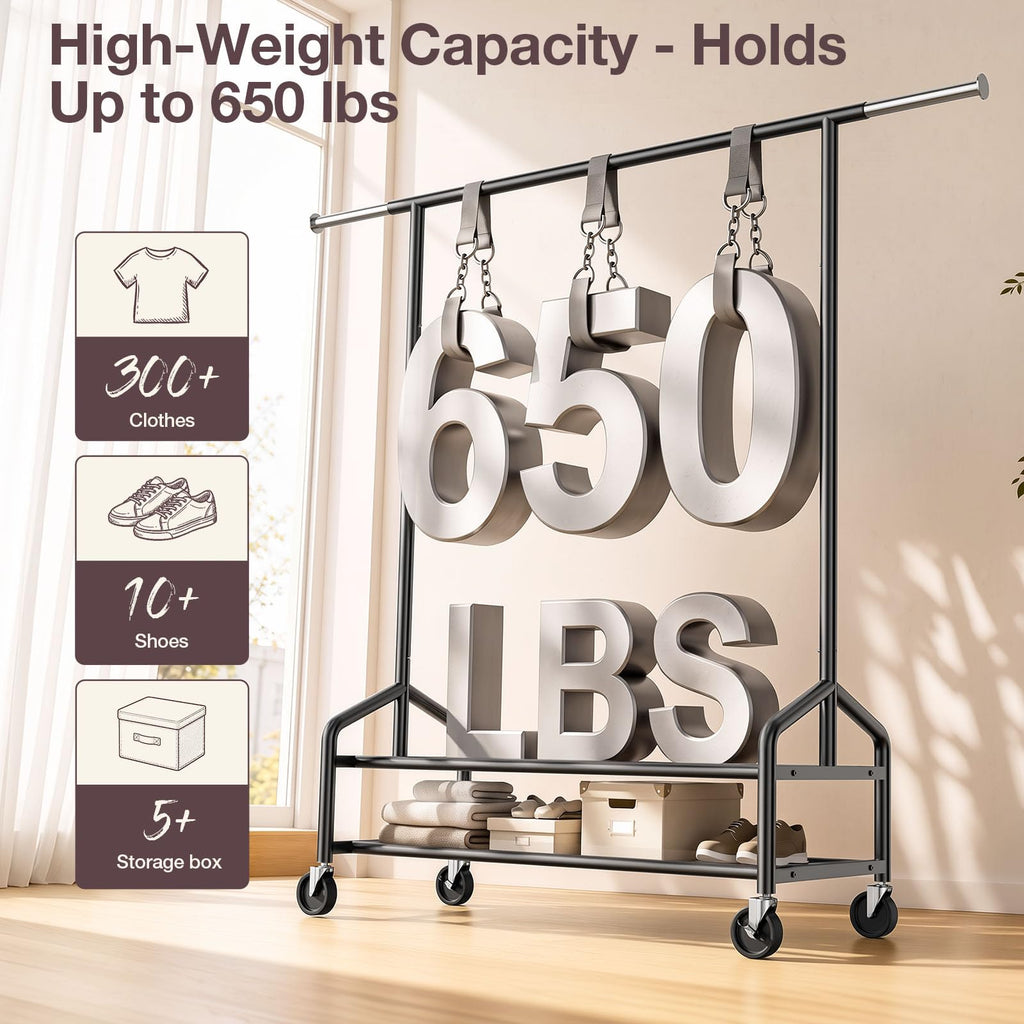 Heavy Duty Clothes Rack, Rolling Clothing Rack Load 650 LBS for Hanging Clothes with 2 Sturdy Shelves, Garment Rack