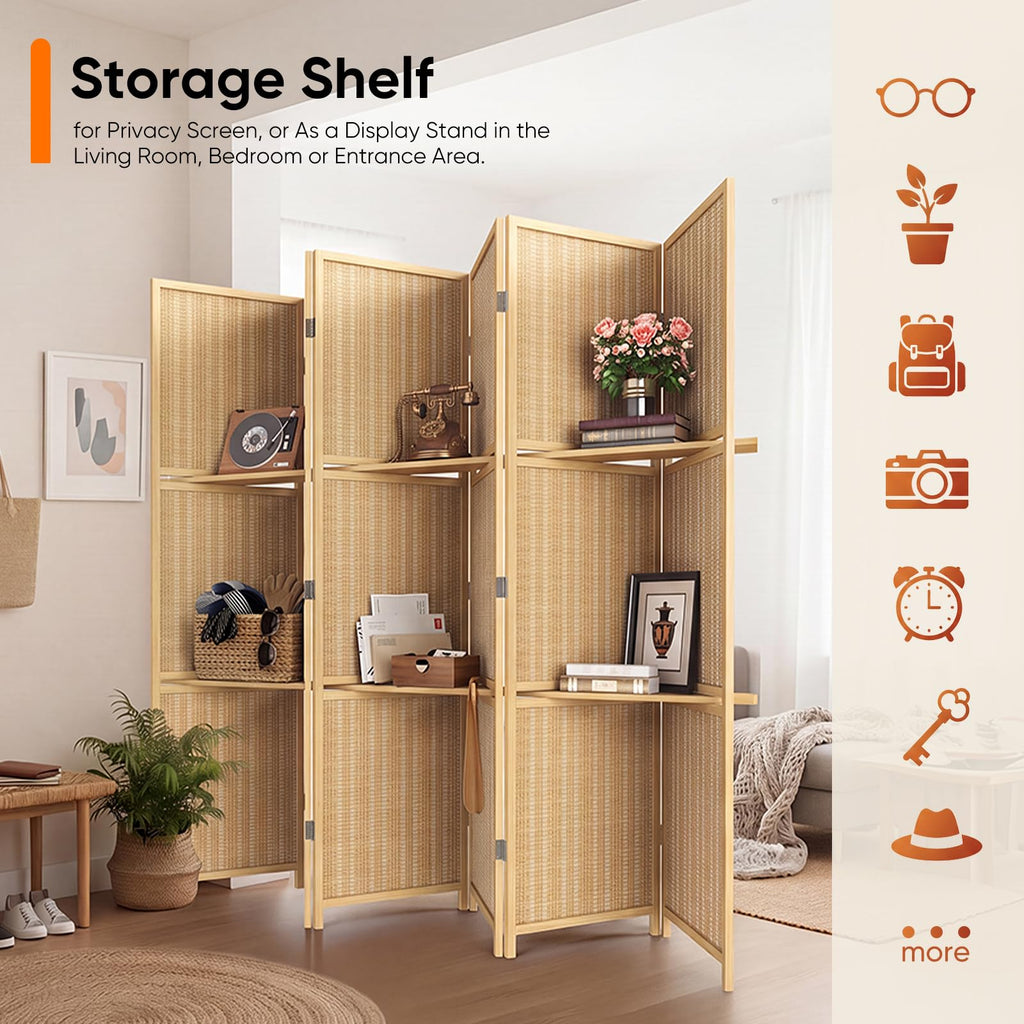 Japanese Bamboo Room Divider with Shelves, 6 Panel, 67" H x 96" W