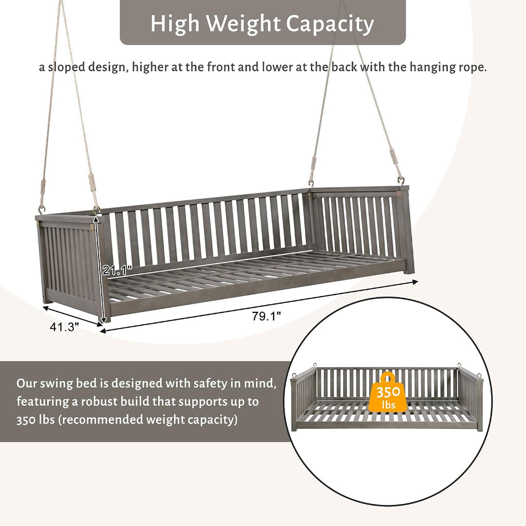 Twin Size Porch Swing Bed, Acacia Wood Hanging Daybed with Ropes for Outdoor Patio, Backyard & Garden, Heavy Duty