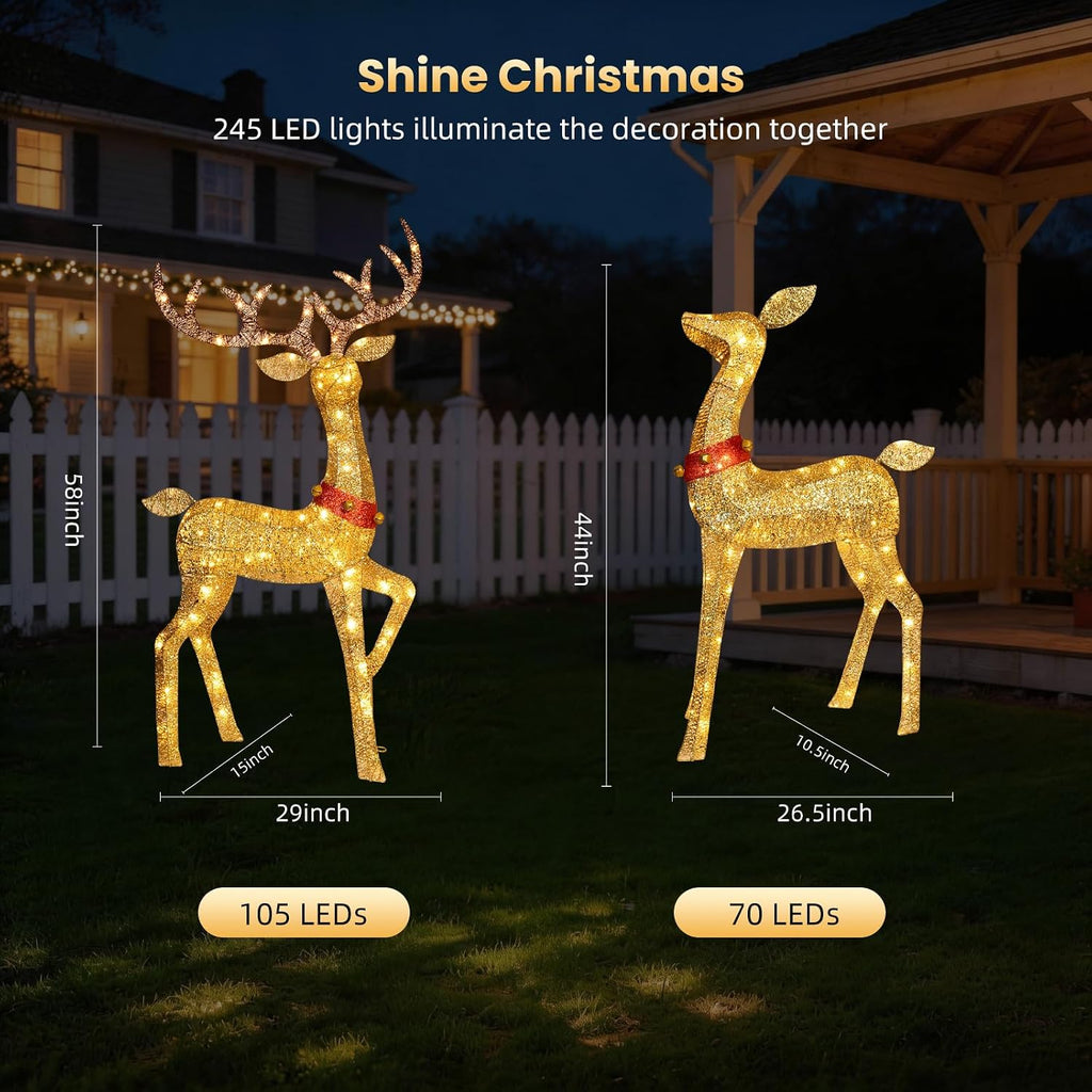 Christmas Deer Outdoor Decorations - 4 Piece 3D Lighted Deer Family Set with 245 LED Lights, Yard Christmas Decor