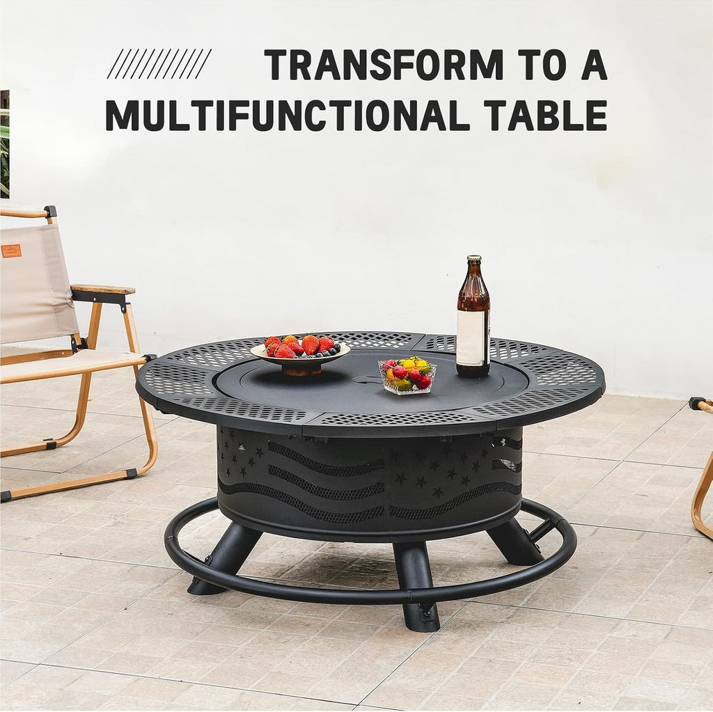 36 Inch Fire Pit with 2 Cooking Grates, Wood Burning BBQ Grill Firepit Bowl with Cover Lid, Steel Round Table - Black