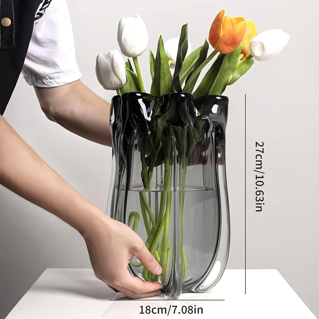Black Advanced Grey Glass Vase for Flowers, Hand Blown Art Glass Glass vase,Room Decoration and Centerpiece