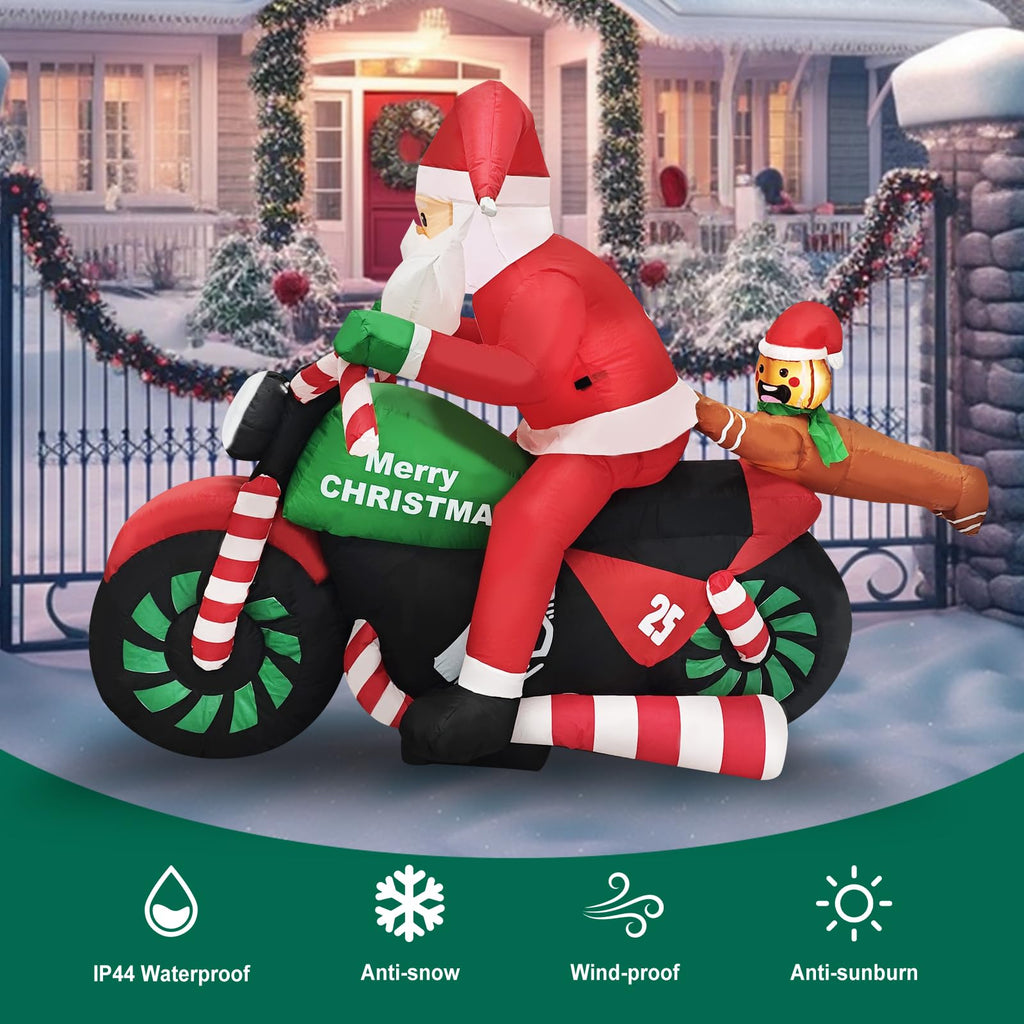 6FT Christmas Inflatable Santa Riding Motorcycle with Gingerbread Man Lighted Blow Up Outdoor Decoration for Holiday