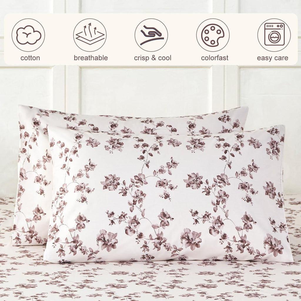 Sheets Set Vintage Tan/Brown Floral Bedding Farmhouse Sheets Set 100% Percale Cotton Breathable Cool Crisp
