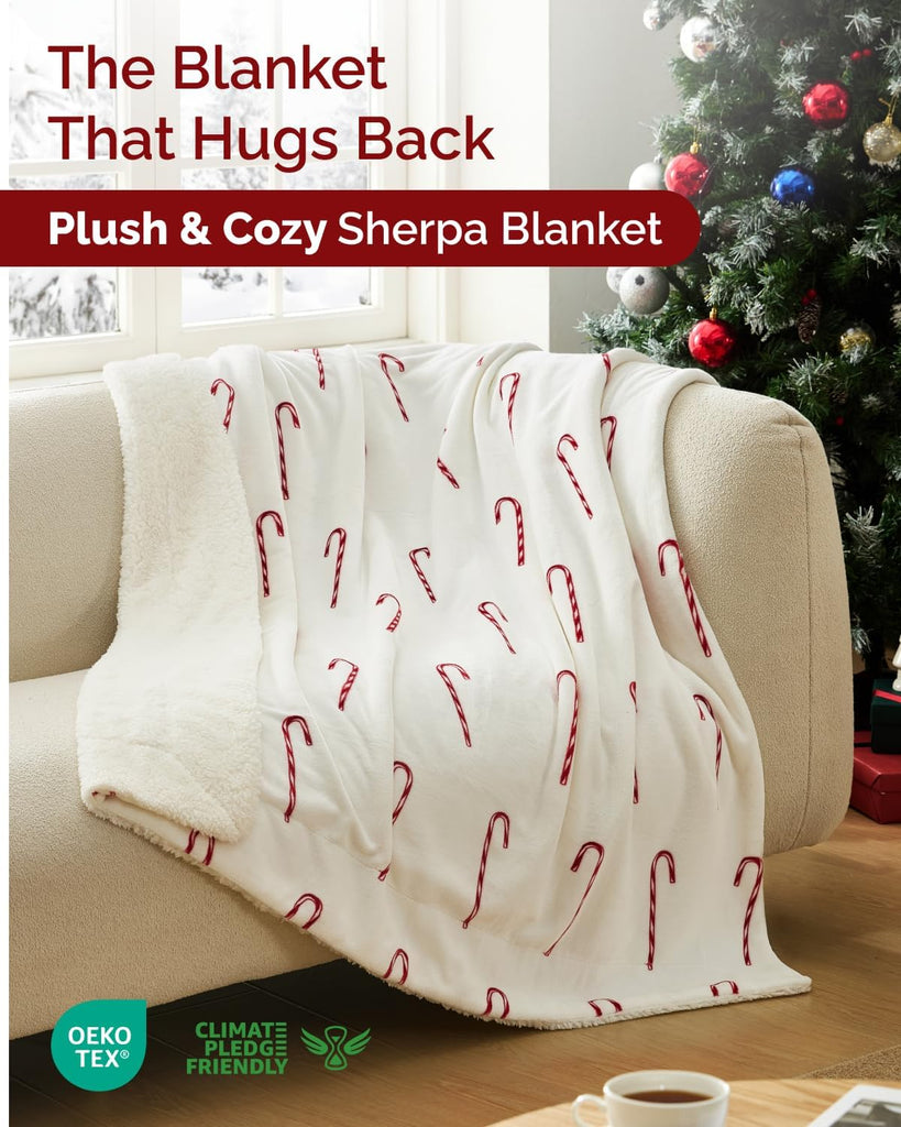 Christmas Sherpa Blanket Throw Size, Reversible Blanket - Candy Cane, 50x60