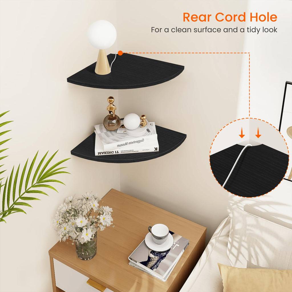 Corner Floating Shelves, 12" Deep Corner Shelves Wall Mounted with Cord Hole, 2 Tier Curved Corner Hanging Shelving