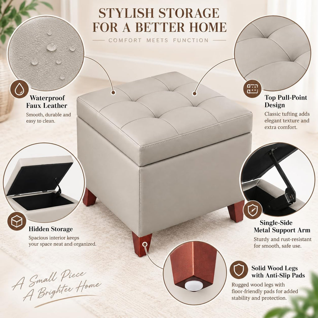 18" Square Storage Ottoman, Premium Faux Leather Lift-Top Footrest & Coffee Table, Modern Upholstered Cube with