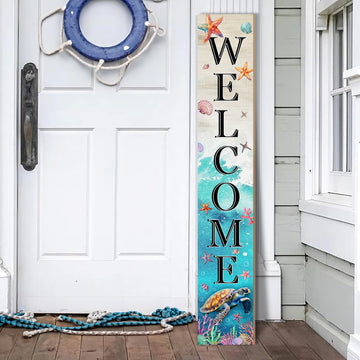 Sea Turtle Welcome Sign for Front Door, Summer Porch Sign Beach Decor Yard Sign for Outdoor Standing Wood Door Sign