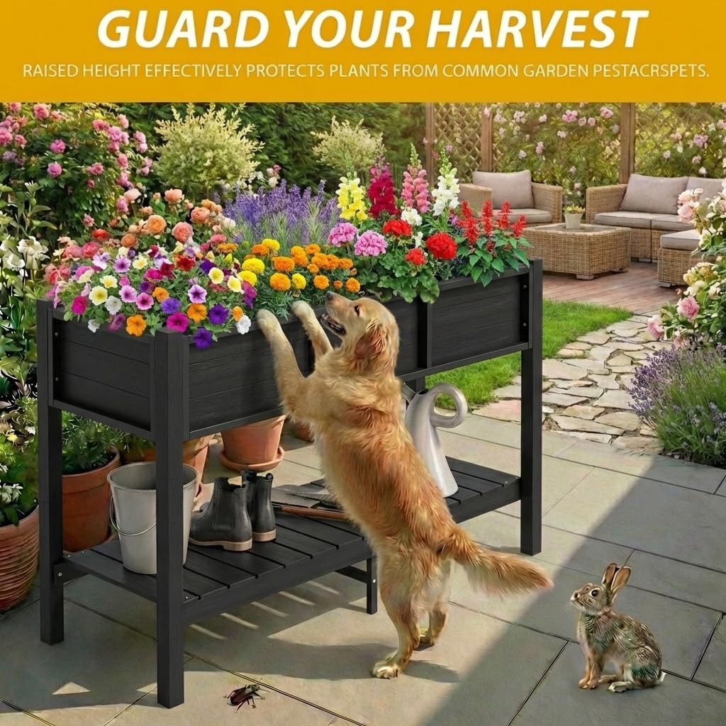 48x18x30in Raised Garden Bed Kit, HDPE Planter Box Stand, Poly Wood Weather-Resistant Planter Box with Legs & Storage