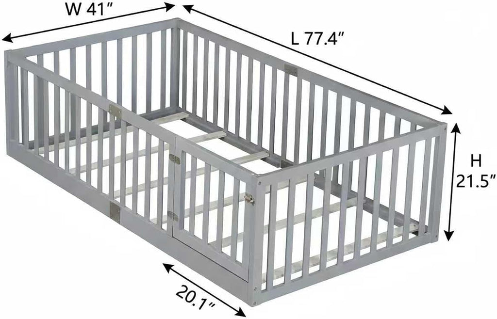 Floor Bed with Slats and Door, Montessori Floor Bed with Rails, Easy Assemble Montessori Beds