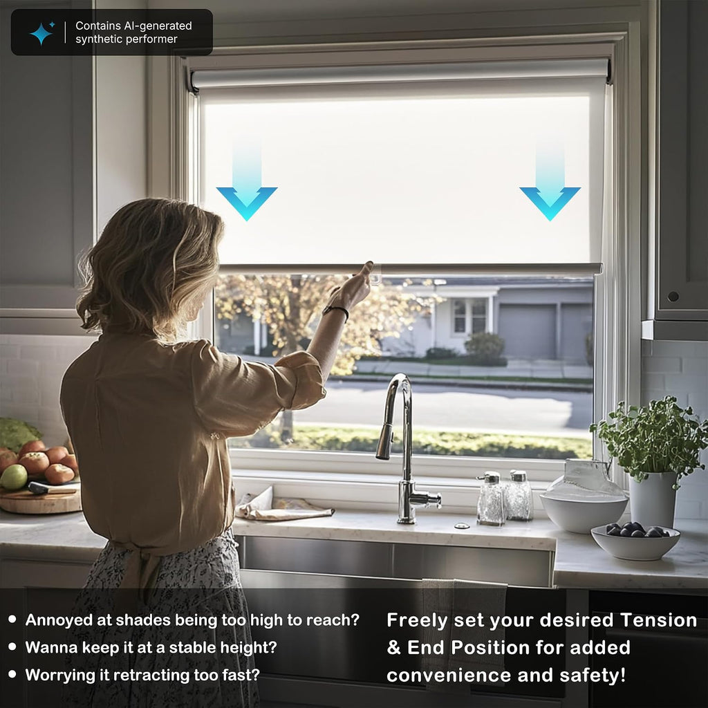 No Drill Cordless Blackout Roller Shades Screwless Waterproof Shower Window Blinds, Auto-Retraction Easy Install