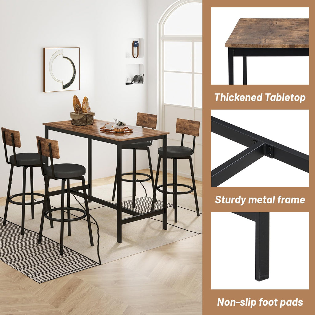 Dining Table Set for 4, 5-Piece Bar Table Set, Kitchen Table and Chairs, Counter Height High Top Table with 4 PU