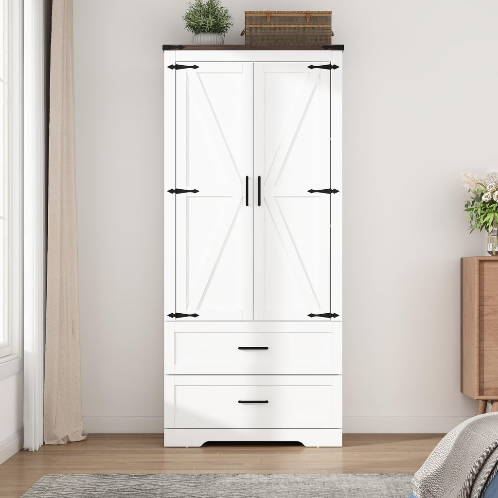 2 Doors Wardrobe Armoire Closet with Doors and Drawers, Farmhouse Wooden Armoire Storage Cabinet with Shelves &