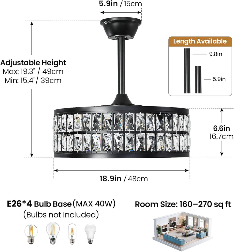 Black Caged Ceiling Fan with Light and Remote 19 Inch Modern Crystal Fandelier Ceiling Fan with Light Semi Flush