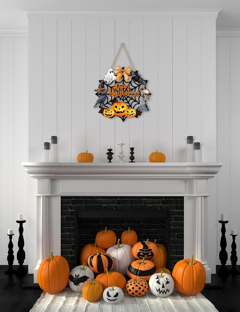 Halloween Wreaths for Front Door Welcome Sign Happy Halloween Wall Decorations Wooden Spider Web Ghost Black Cat