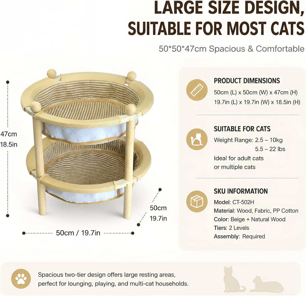 2-Tier Elevated Cat Hammock Bed, 2-in-1 Natural Sisal Jute Cat Scratching Pad with Sturdy Frame, Cat Lounger
