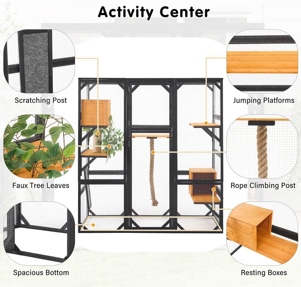 Outdoor Catio Enclosure, Large Walk-In Cat Cage with Platforms, Condos, Climbing & Scratching Posts, Pine Wood Cat