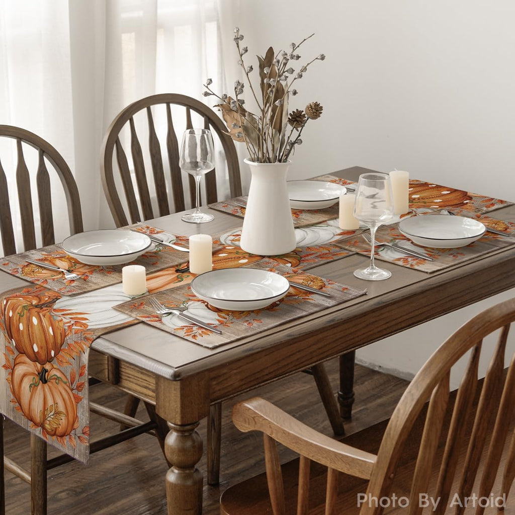 Dot Pumpkins Leaves Fall Placemats Set of 6-12 x 18 Inch