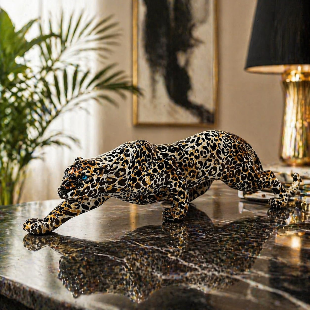 Modern Leopard Statue Home Decor - 15.4" Long Safari Animal Sculpture Figurine - Elegant Cheetah Panther Accent Desk