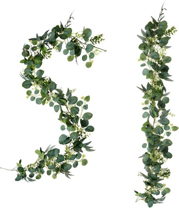 FEET Artificial Eucalyptus Garland Faux Silk Leaf Silver Dollar Eucalyptus Leaves Vines Handmade Garland - Set of 2