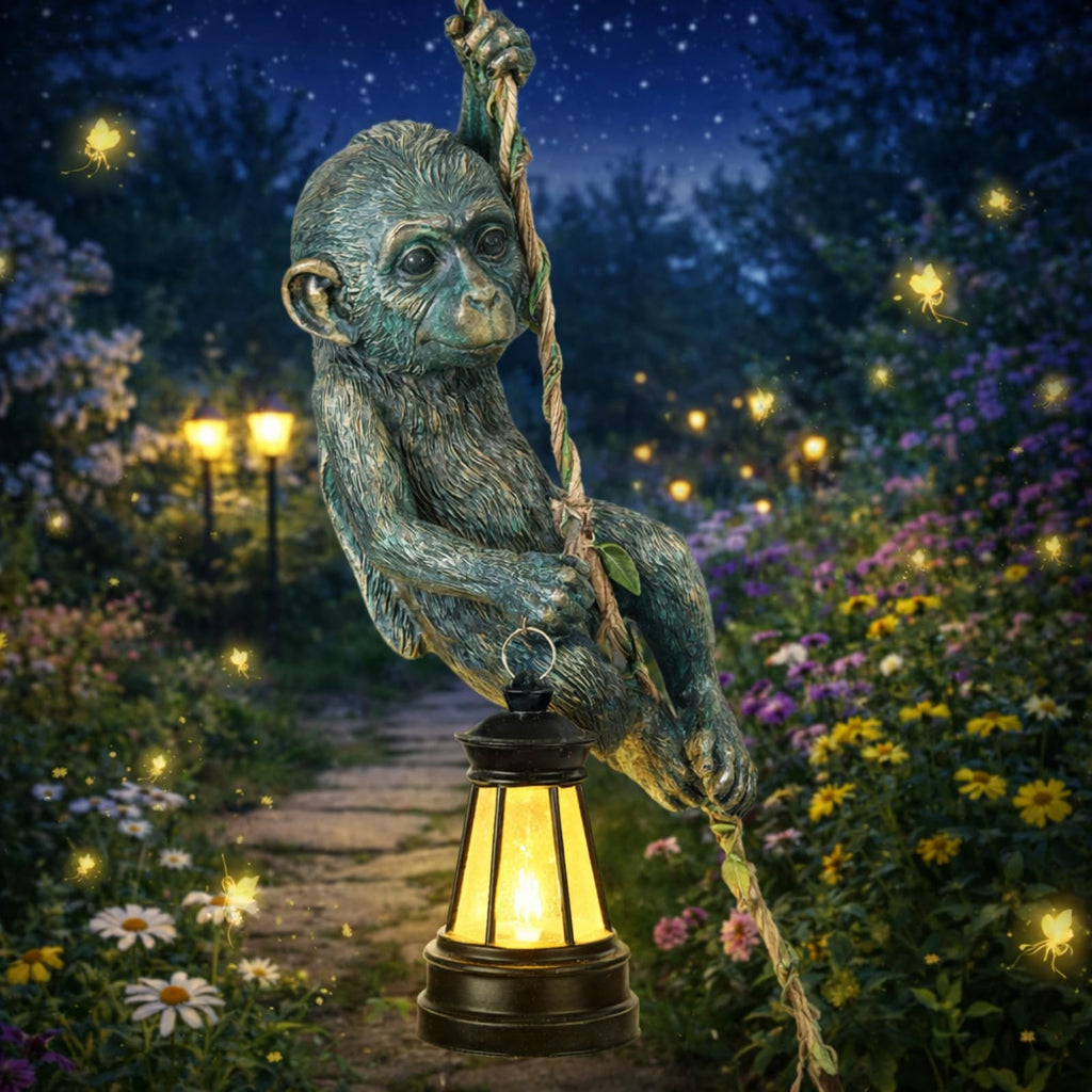 Bronze Solar Monkey Statue, 7.48 inch Resin Chimp with LED Lantern