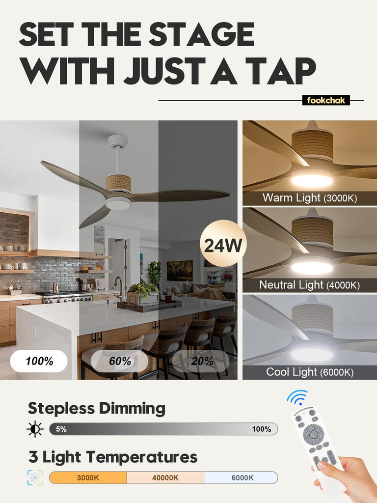 60in Boho White Ceiling Fan Lights with Remote Control 3 Blade Hemp Rope Ceiling Fans with Light Coastal Weathered