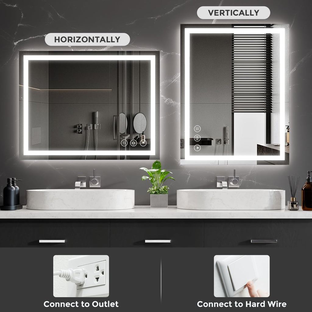 36x28 LED Bathroom Mirror with Light, Anti-Fog, 3 Colors