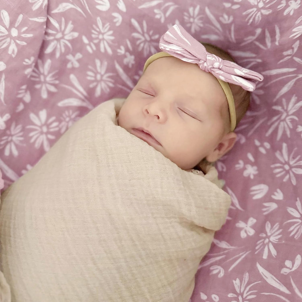 Baby Swaddle Blanket and Bow Set, Mauve Floral Muslin Swaddle Set with Matching Headband Bow, Infant
