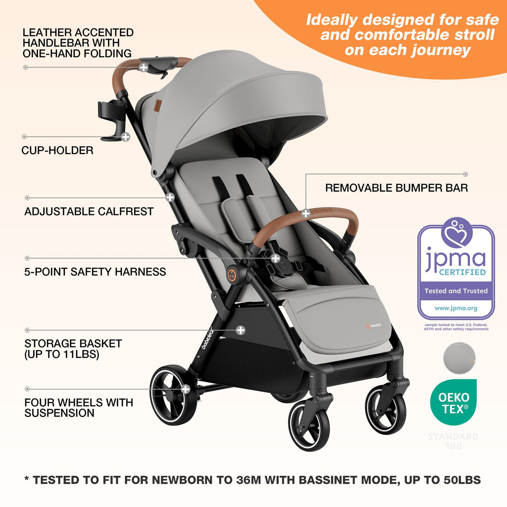 Baby Stroller, Auto-Fold Lightweight Travel Stroller for Airplane, Compact Toddler Pushchair with PU Leather Handle