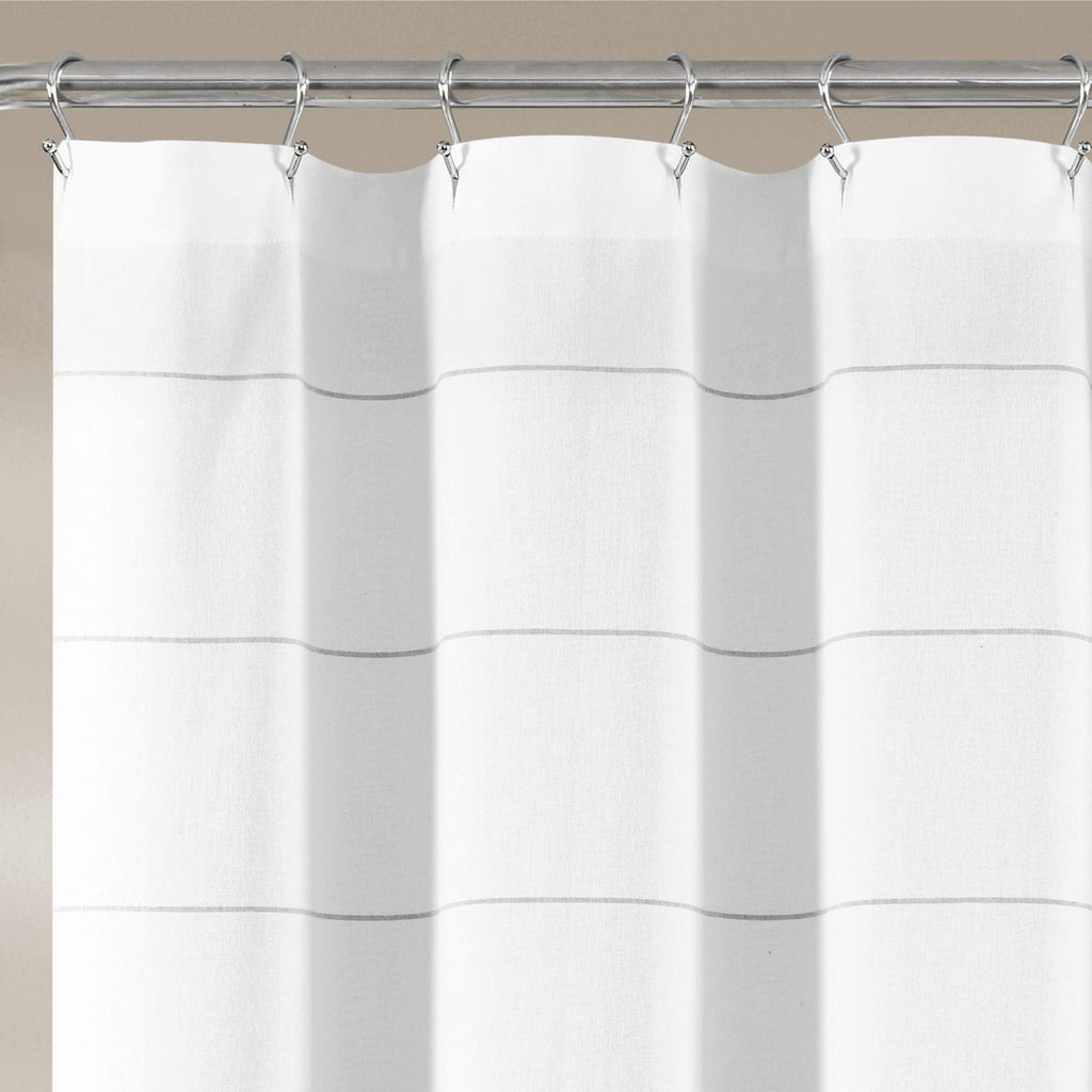 White Woven Cotton with Gray Stripe and Tassel Fringe, Bathroom Accessories (72" x 72")