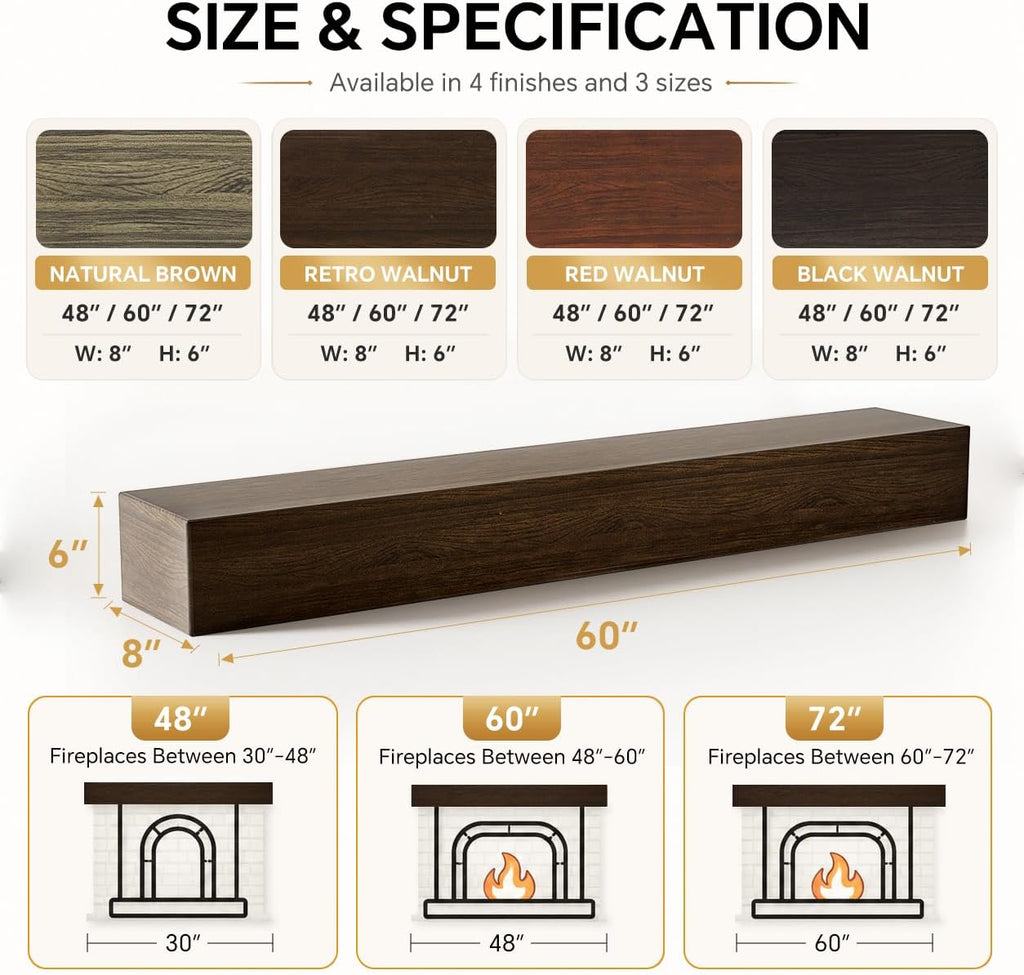 Handcrafted Wall-Mounted Floating Mantel Shelf Decoration Wood Fireplace Mantels Suitable for Living Rooms,Bedrooms