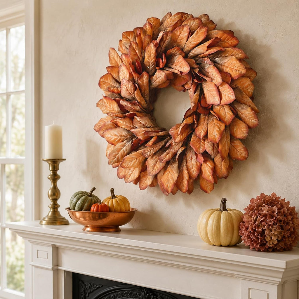 26" Artificial Fall Magnolia Leaf Wreath for Front Door Decoration (Orange)