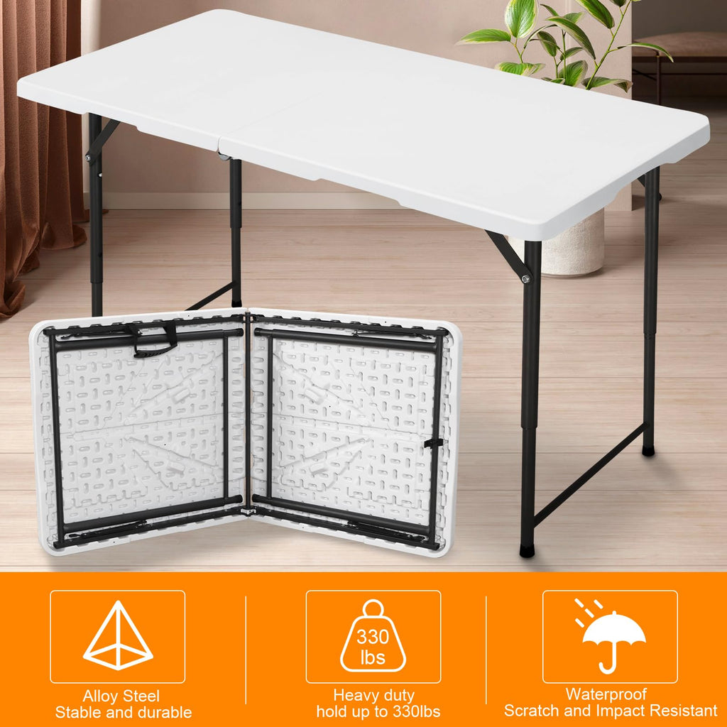 4ft Folding Table, Portable Fold-in-Half Adjustable Height Utility Table for Indoor/Outdoor Use, Durable HDPE &