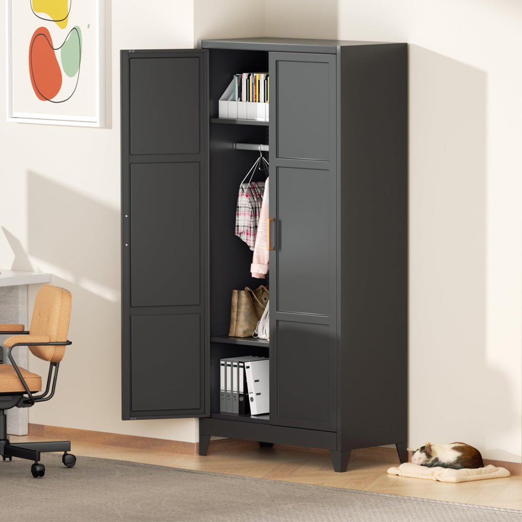 Metal Wardrobe Closet, 72" H Bedroom Armoires with Wooden Handle, Metal Cabinet with Adjustable Shelves and Hanging