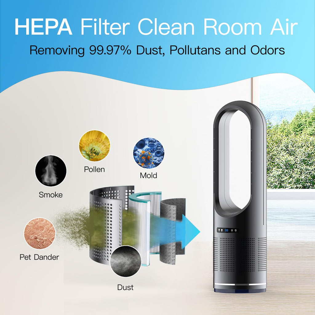 Tower Fan, 31.5Inch Cooling Bladeless Fan with HEPA Filter 99.97%, 2 IN 1 Floor Fan Combo 80° Oscillating with