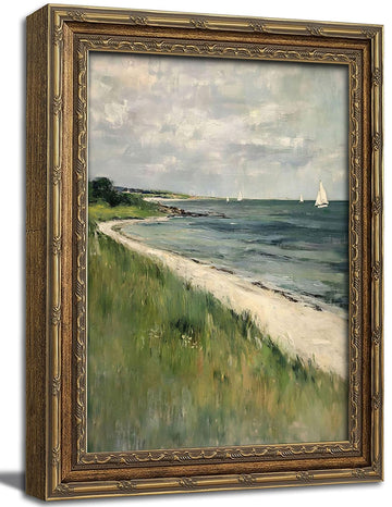 Gold Framed Wall Art, Coastal Seaside Canvas Prints - Vintage Impressionist Beach House Pictures, Nautical Sailboat