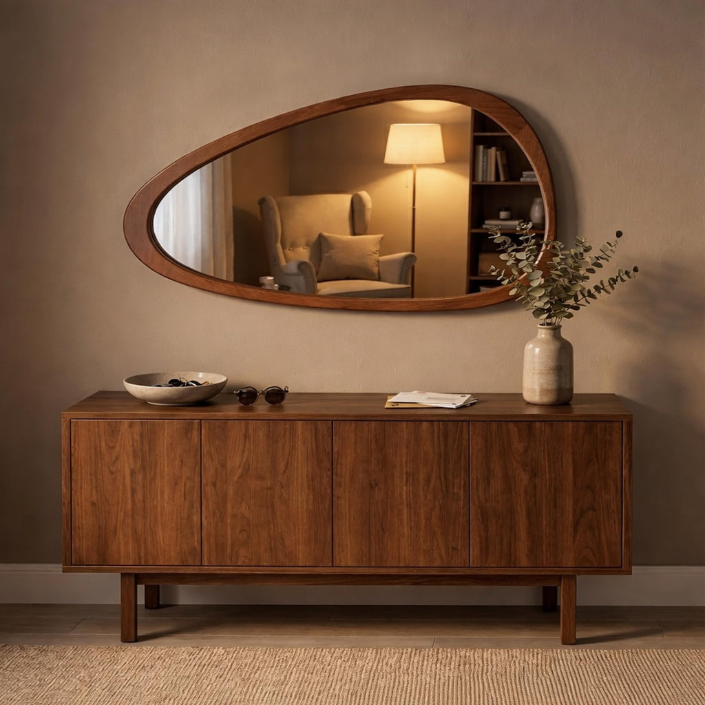 48x24 Inch Dark Walnut Large Irregular Solid Wood Wall Mirror